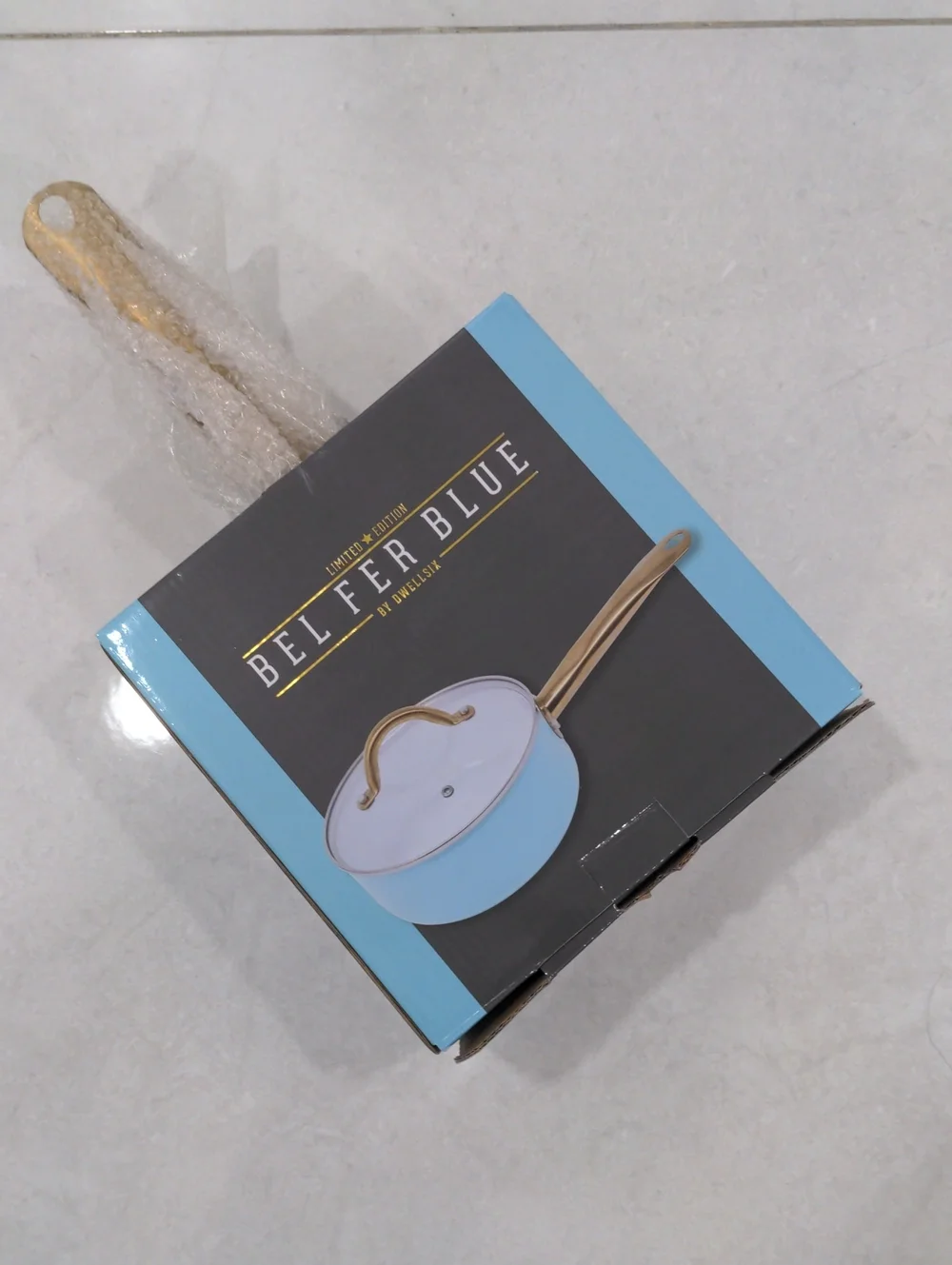 Ceramic-Interior Saucepan with Gold-Tone Handle - White Interior, Aqua Exterior
